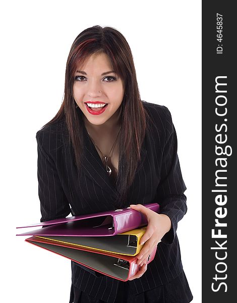 Business woman with folder on white background