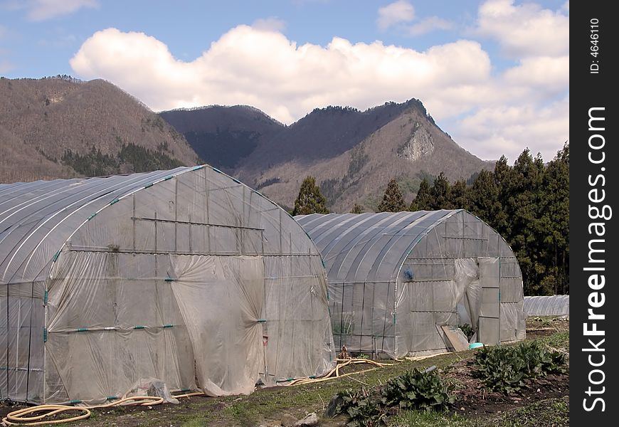 Glasshouses in a rural mountain region in the very early spring season.