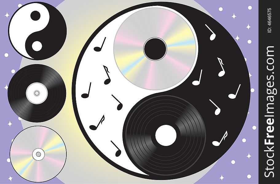 Symbol yang  and yin - cd and vinyl, black and white, vector illustration. Symbol yang  and yin - cd and vinyl, black and white, vector illustration
