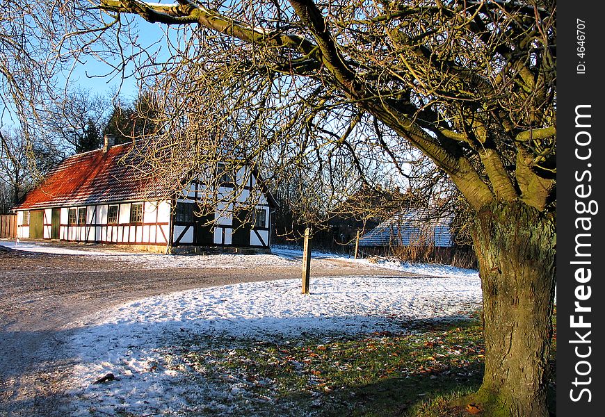 Farmhouse on a hill in the snow time in Funen Denmark. Farmhouse on a hill in the snow time in Funen Denmark