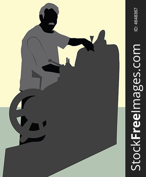 Silhouette of worker with lathe