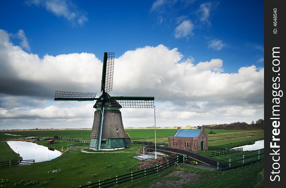 Beautiful windmill landscape near the IJsselmeer in the netherlands