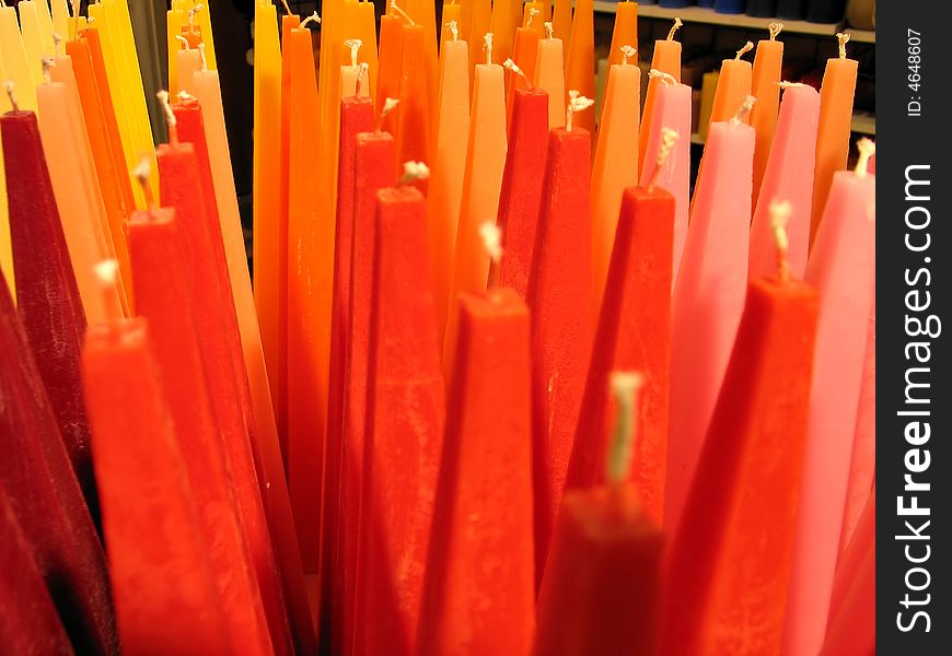 Display of colorful candles in a workshop. Display of colorful candles in a workshop