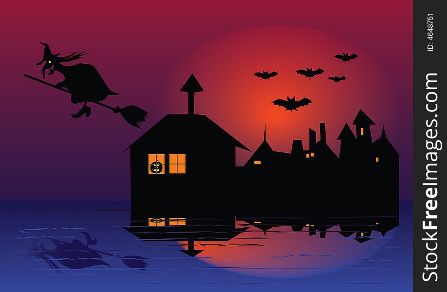 Hallowen with pumpkin in window,bats,witch and house on water. Hallowen with pumpkin in window,bats,witch and house on water