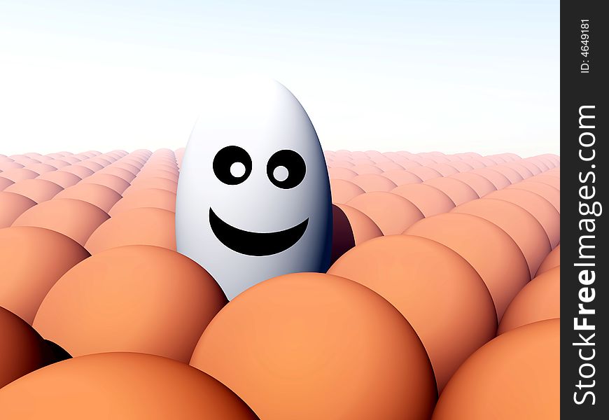 A conceptual image of a unique humorous egg creature, that is with a pile of conformist identical eggs. A conceptual image of a unique humorous egg creature, that is with a pile of conformist identical eggs.