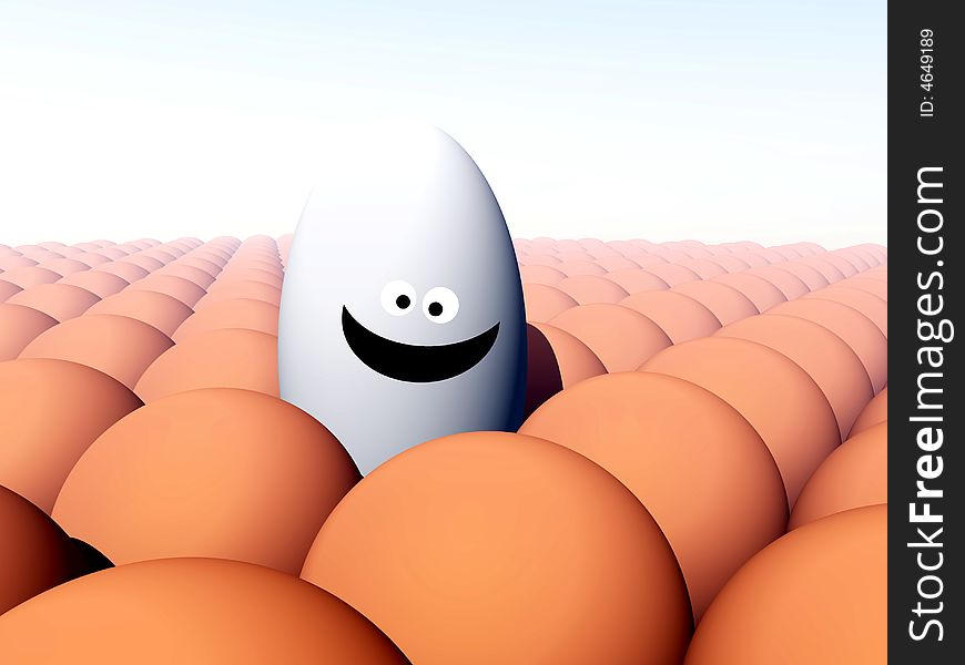 A conceptual image of a unique humorous egg creature, that is with a pile of conformist identical eggs.
. A conceptual image of a unique humorous egg creature, that is with a pile of conformist identical eggs.