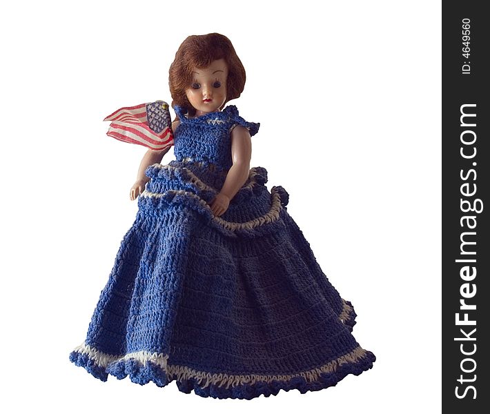 Antique doll in hand crocheted dress with American Flag. Antique doll in hand crocheted dress with American Flag.