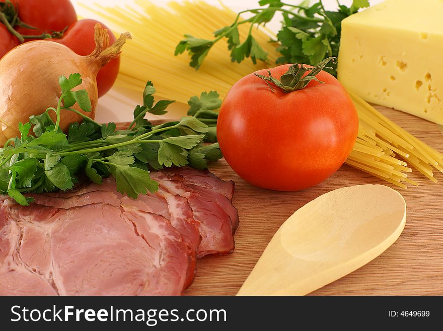 Fresh ingredients for making pasta with a delicious souses