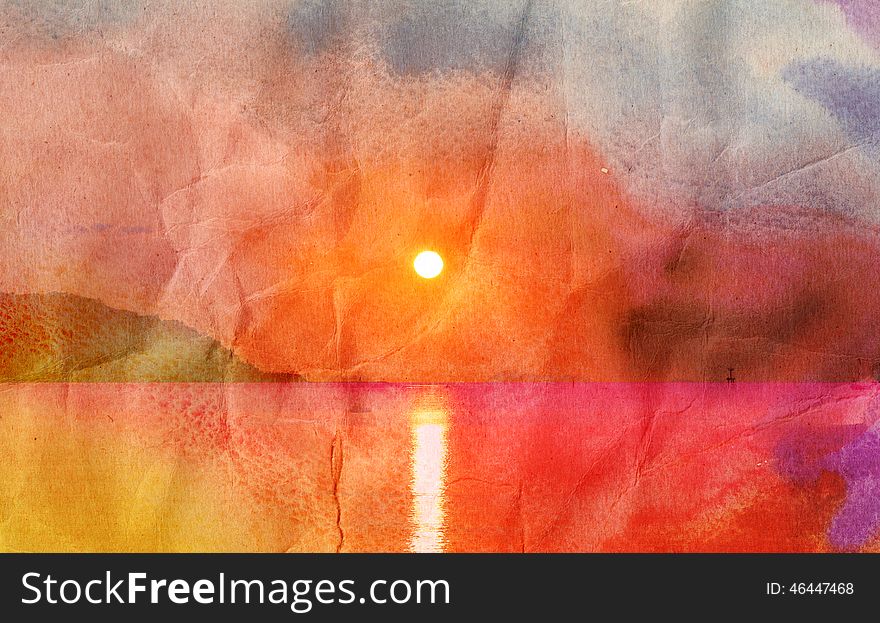 Beautiful watercolor retro sea sunset with sun. Beautiful watercolor retro sea sunset with sun