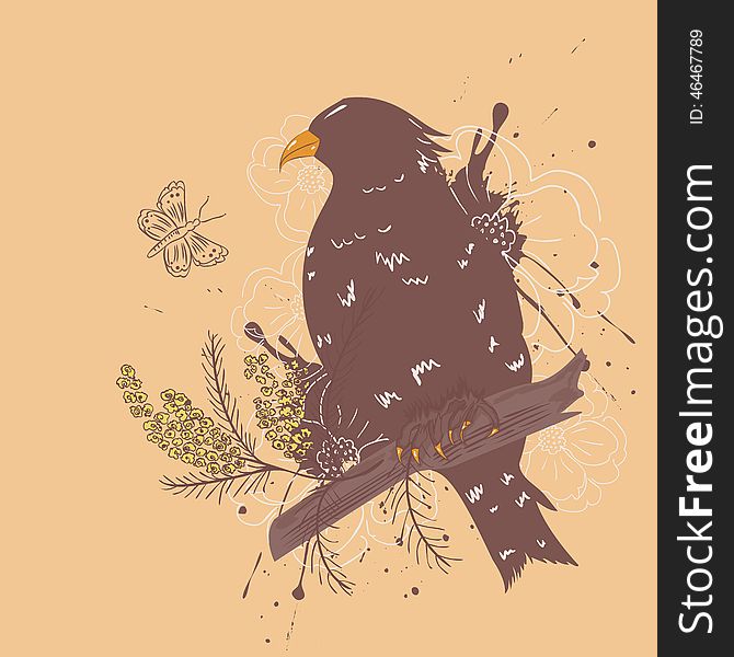 Abstract bird with flowers in hand drawn style, vintage background.
