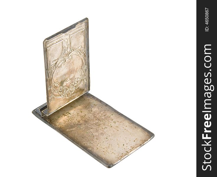 Open vintage silver cover with patina for paper storing isolated over white. Open vintage silver cover with patina for paper storing isolated over white