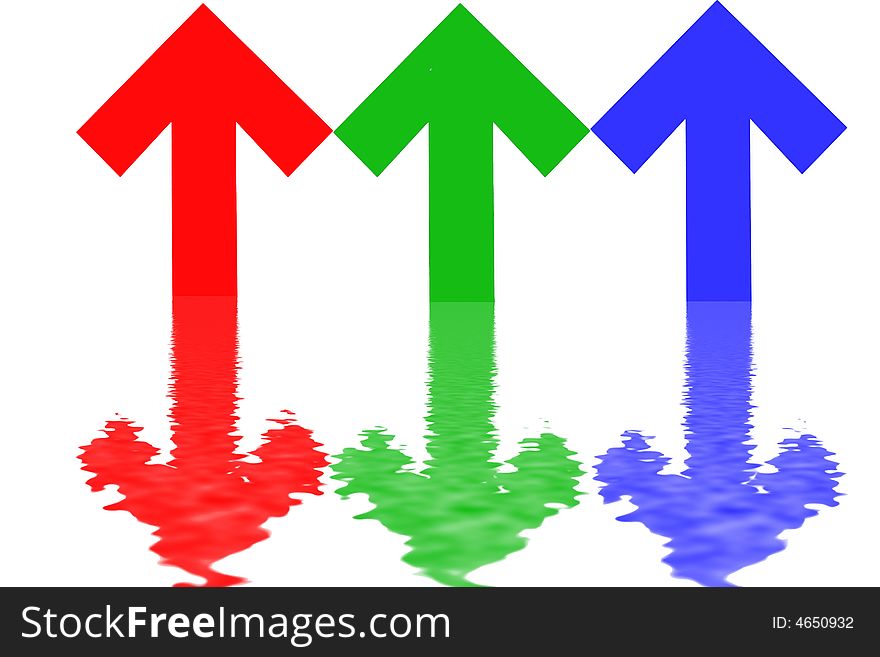 Blue, green and red arrows reflected in water, in white background - business symbols