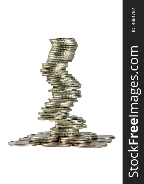 Tower from coins isolated on a white background/ Clipping path included.
