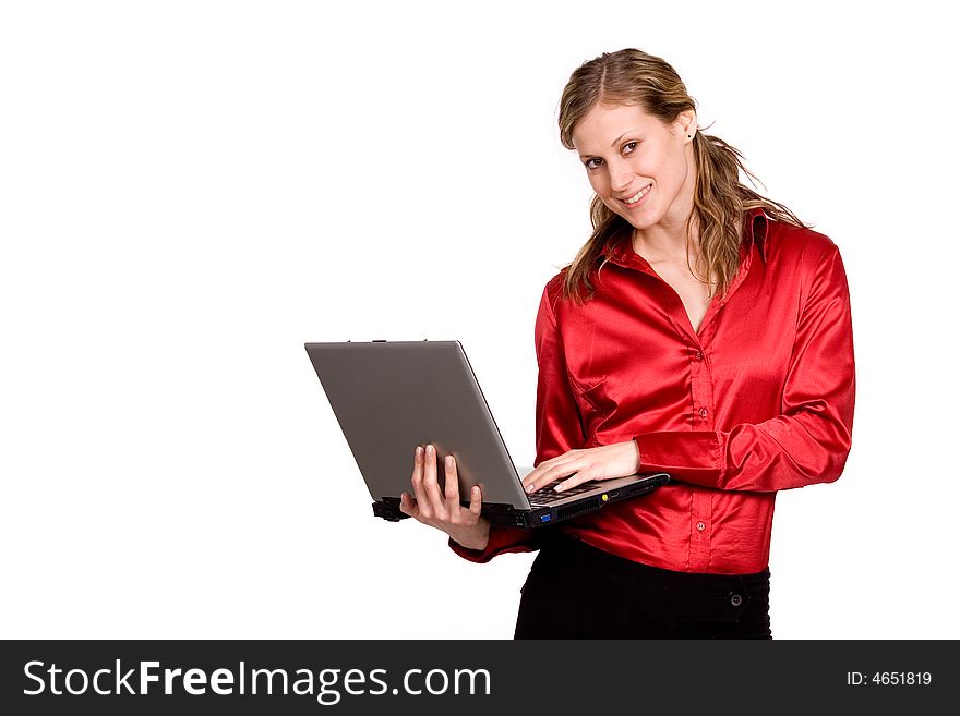 Nice caucasian girl with laptop isolated on white. Nice caucasian girl with laptop isolated on white