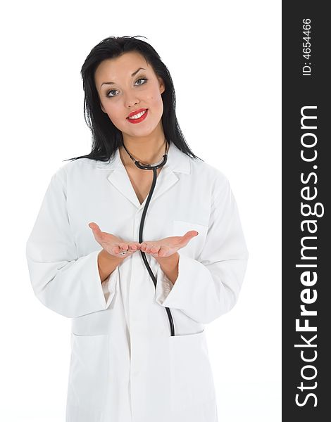 Young doctor with stethoscope on white background