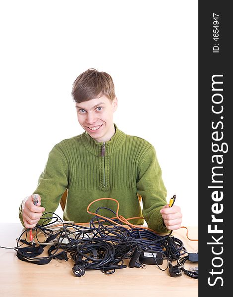 The young guy with cables isolated on a white background