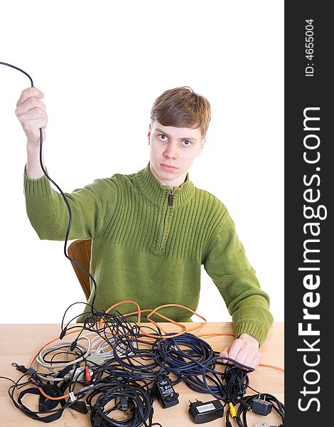 The young guy with cables isolated on a white background