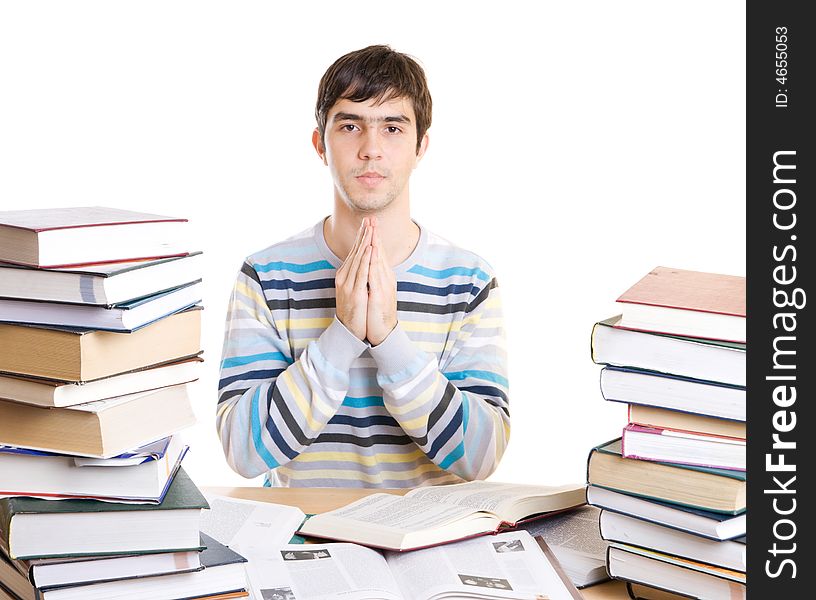 The young student with books isolated on a white background