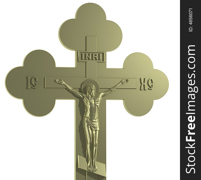 Golden Cross with the Crucifixion. Side view. 3D Render.