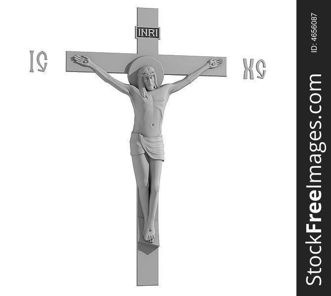 Only Catholic Cross with the Crucifixion. Side view. 3D Render.