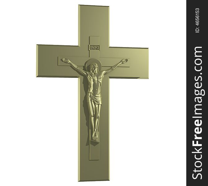 Golden Catholic Cross with the Crucifixion. Side view. 3D Render.