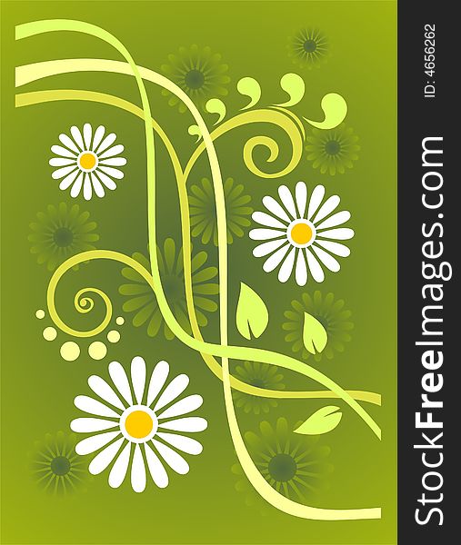 Green stylized background with flowers and leaves. Green stylized background with flowers and leaves.