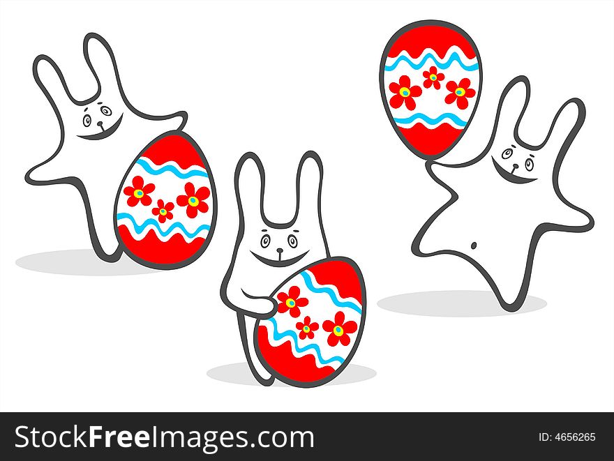 Three cheerful bunny with easter eggs isolated on a white background. Easter illustration. Three cheerful bunny with easter eggs isolated on a white background. Easter illustration.