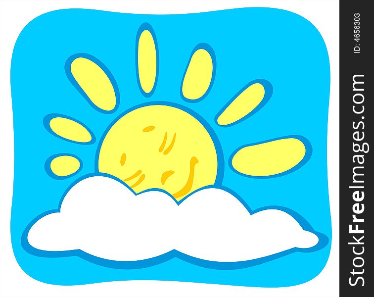 Cheerful sleeping cartoon sun on a blue sky background. Cheerful sleeping cartoon sun on a blue sky background.