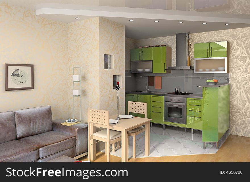 The modern kitchen interior design (3D rendering)