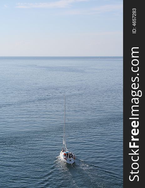 Sail boat on Fehmarn Sund seen from above