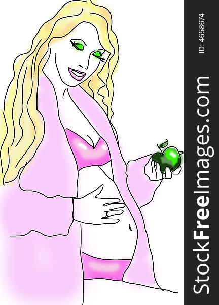 The pregnant woman with apple. Linear figure.