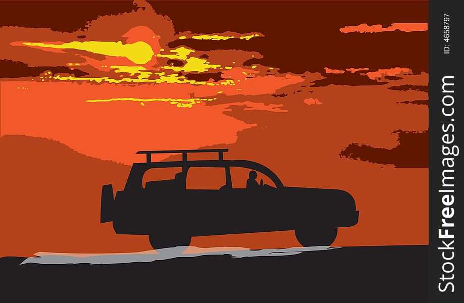 Illustration of a car traveling through the desert