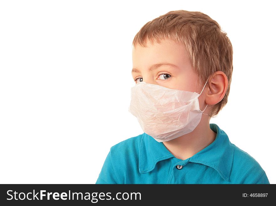 Boy in respirator on a white