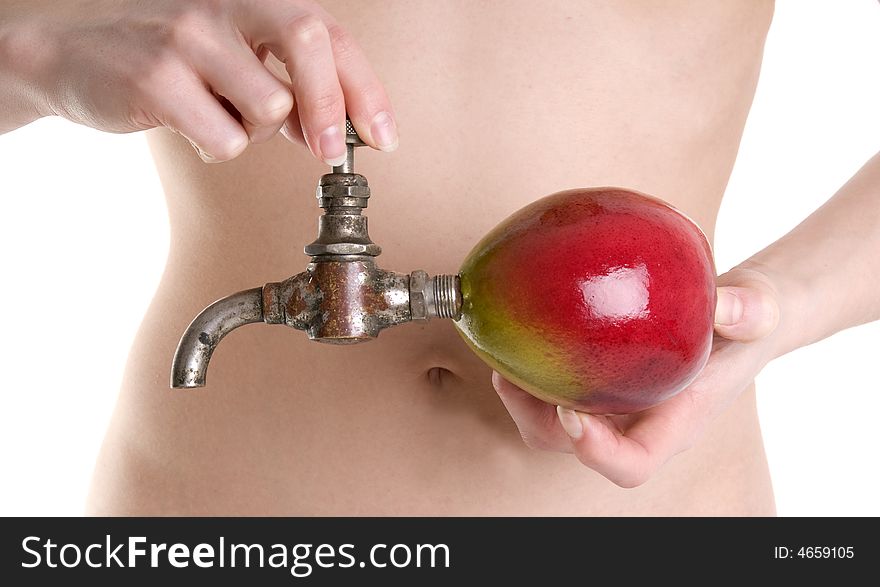 Young female offering fresh mango juice. Young female offering fresh mango juice