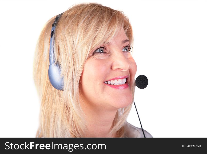 Middleaged woman with headset on white
