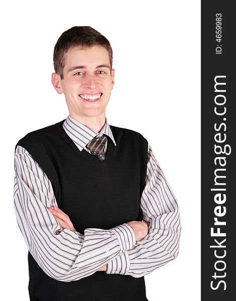 Smiling guy in black vest on white