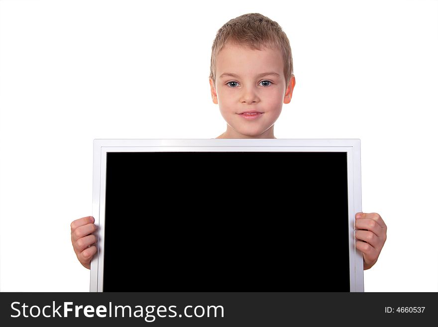 Boy with screen on white