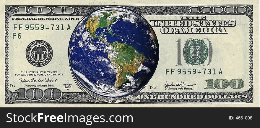 Picture of earth inside a one hundred dollar bill 1. Picture of earth inside a one hundred dollar bill 1