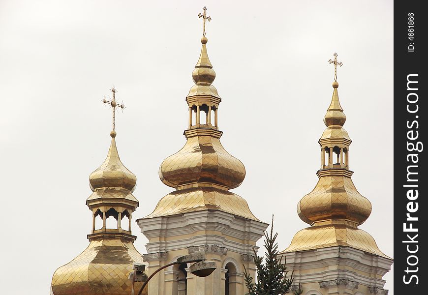 Golden orthodox russian church cupolas dome. Golden orthodox russian church cupolas dome