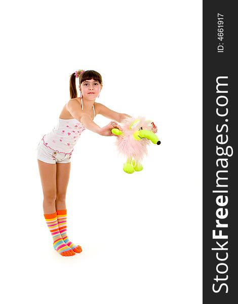 Happy girl with toy isolated over white background