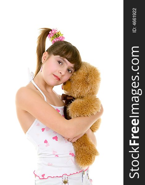 Happy girl with toy isolated over white background