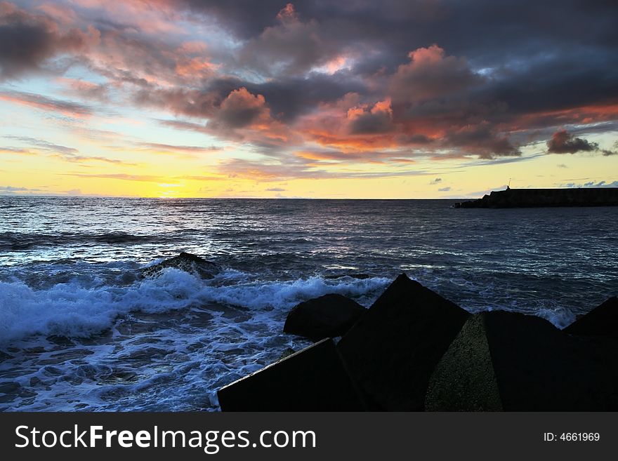 Sunset dark sky over Atlantic ocean. Sunset dark sky over Atlantic ocean