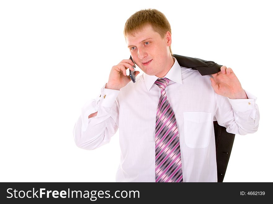 Business man with telephone isolated in white background