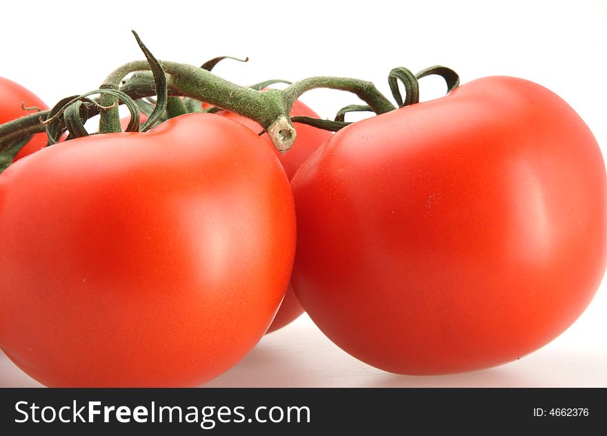 Fresh picked red vine tomatoes white background. Fresh picked red vine tomatoes white background