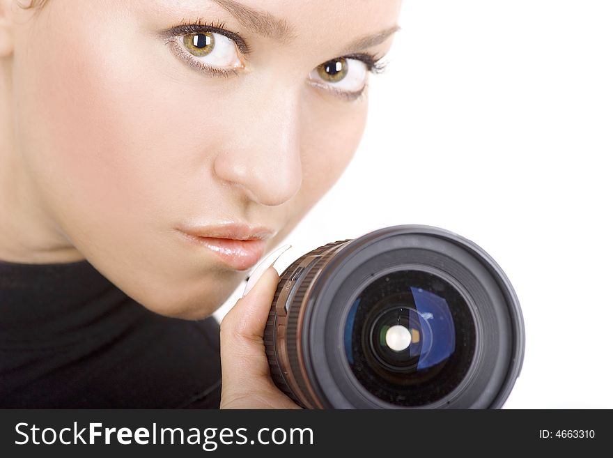 Brunette with lens over white