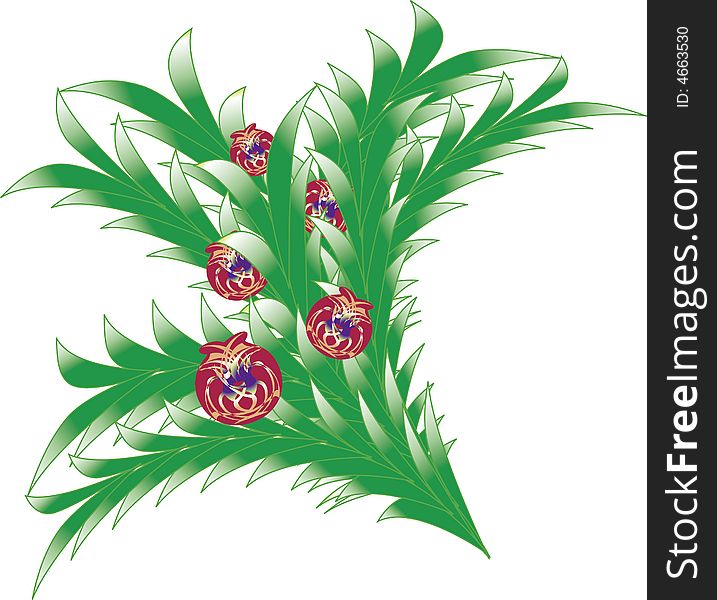 Bush or bouquet of abstract leaves (resembling fern or palm) decorated with balls. Bush or bouquet of abstract leaves (resembling fern or palm) decorated with balls.