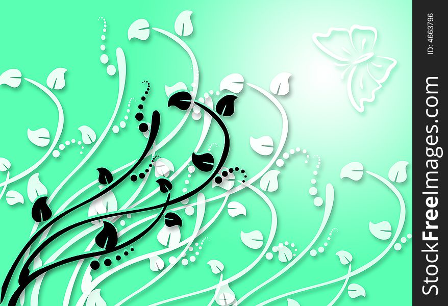 Spring background with plants as decoration and a butterfly