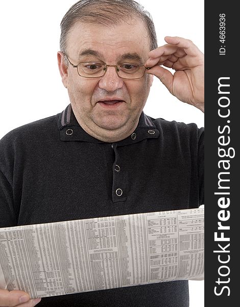 Old man reads messages in front of a white background. Old man reads messages in front of a white background