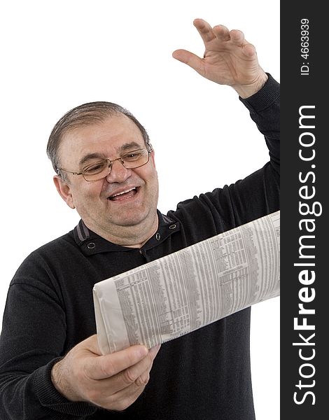 Old man reads messages in front of a white background. Old man reads messages in front of a white background