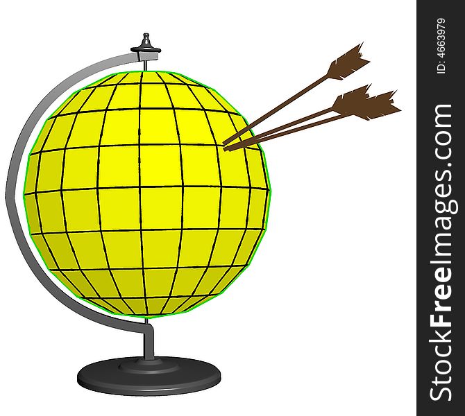 The globe punched by arrows on white background. 3D image.